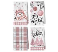 Artoid Mode Lot de 4 torchons de cuisine, en microfibre, absorbants, 42 x 65 cm, rose, motif de bonhomme de neige, arbre, boule de Noël, pour décoration de cuisine