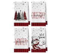 Artoid Mode Lot de 4 torchons de cuisine, en microfibre, absorbants, 42 x 65 cm, rouges et noirs, motif à carreaux de buffle, bonhomme de neige, arbres, pour bar, Noël, décoration de cuisine