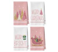 Artoid Mode Lot de 4 torchons de cuisine, en microfibre, absorbants, pour décoration de cuisine, 42 x 65 cm, motif de pin rose, flocons de neige, étoiles, Noël