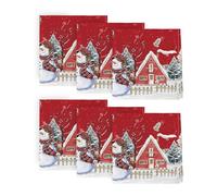 Artoid Mode Lot de 6 serviettes de table en tissu rouge, motif maison, neige, arbres, clôture, bonhomme de neige, Noël, 45 x 45 cm, décoration de cuisine, dîner, café, célébration
