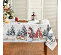 Artoid Mode Nappe Noël Maison Arbres Bonhomme de Neige Blanc 140 x 180 cm | Neige Clôture Xmas Hiver Anti-taches Linge de Table Cuisine Fête Déco