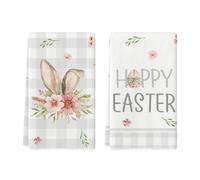 Artoid Mode Serviettes de cuisine et torchons à carreaux buffle avec motifs floraux et oreilles de lapin, décoration de Pâques de printemps, 42x65 cm, Joyeuses Pâques, lot de 2
