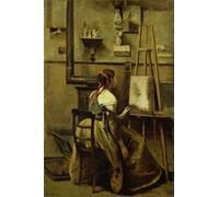 ARToPHIIU Affiche Mural Art Tableaux sur Toile l'atelier de Corot ou jeune femme assise devant un chevalet de Jean Baptiste Camille Corot Pour la Décoration du Salon 60x90cm