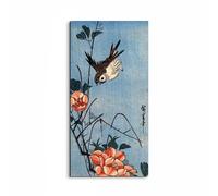 Artopweb EarthArt Plain 100 x 50 cm Cadre fin art mat anti-réflexe léger prêt à accrocher décoration maison art design italien écologique - Sparrows and wild roses par Hiroshige Utagawa