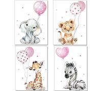 Artpin® P64 Posters décoratifs pour chambre d'enfant (fille) - Motif Animaux de la jungle + Ballon gonflable - Gris/Rose