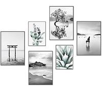 Artpin® W15 Ensemble de posters muraux modernes, image pour la décoration de salon, chambre à coucher, motifs eucalyptus, menthe, noirs, blancs, sans cadre, 4 au format A4 et 2 au format A5