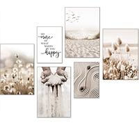 Artpin® W9 Ensemble de posters muraux modernes, image pour la décoration de salon et de chambre à coucher, motifs : herbe de la pampa, plage, sans cadre, 4 au format A4 et 2 au format A5