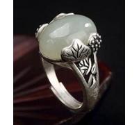 ARTQ Anneau De Pierre Incrustation De Lotus en Jade Blanc Bague À Ouverture Réglable en Pierre Naturelle pour Femme Délicate Vintage Déclaration Anneaux Cadeau De La Saint-Patrick pour Maman Soeur É