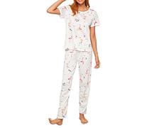 ARTQ Ensembles De Pyjama Ete Femme,Ensemble De Pyjama en Polyester pour Femmes À Col Rond Imprimé Flamant Rose Pyjama À Manches Courtes pour Femmes Ensemble Deux Pièces Cadeau De Festival pour Femme