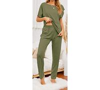 ARTQ Ensembles De Pyjama Ete Femme,Grande Taille Vert Col Rond Pyjama À Manches Courtes pour Femmes 2 Pièces Ensemble Doux Et Confortable Pyjamas pour Dames Loungewear Cadeau De Fête des Mères pour F