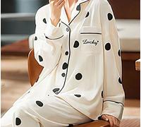 ARTQ Ensembles De Pyjama Femme,Ensemble De Pyjama en Polyester pour Femmes À Pois Blancs À Revers Blancs Ensemble De Pyjama À Manches Longues Confortable pour Femmes Ensemble De Deux Pièces Cadeau De