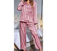 ARTQ Ensembles De Pyjama Femme,Rose Revers Rayures Poignets Lâches Femmes Polyester Ensemble De Pyjama Pyjama Doux À Manches Longues pour Femmes Deux Pièces Ensemble Cadeau De Festival pour Sœurs Ép