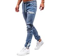 ARtray Pantalon en jean pour homme avec taille élastiquée, coupe slim, stretch, jean rétro avec fermeture éclair, coupe droite, pantalon décontracté à cordon de serrage de couleur unie, idéal pour la