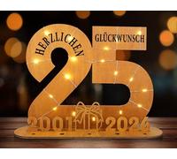 ARTREE Cadeau en argent 25e anniversaire pour femme et homme - Cadeau d'argent en bois avec guirlande lumineuse LED - Décoration de table et cadeau d'argent en un seul cadeau d'anniversaire