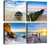 Artscope 4 Parties Impression sur Toile - Bord de Mer Coloré Impression sur Toile Décoration Murale pour Chambre Peintures à l'huile pour Maison Bain Salon Chambre 30x30CM