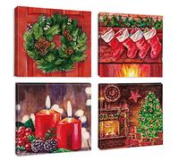 Artscope 4 Parties Impression sur Toile de Noël - Chaussettes Rouges et Bougies Impression sur Toile Décoration Murale pour Chambre Peintures à l'huile pour Maison Bain Salon Chambre 30x30CM