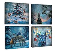 Artscope 4 Parties Impression sur Toile de Noël - Elk et Snow Night Impression sur Toile Décoration Murale pour Chambre Peintures à l'huile pour Maison Bain Salon Chambre 30x30CM