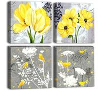 Artscope 4 Parties Impression sur Toile - Fleurs Jaunes et Oiseaux Impression sur Toile Décoration Murale pour Chambre Peintures à l'huile pour Maison Bain Salon Chambre 30x30CM