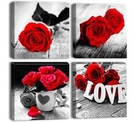 Artscope 4 Parties Impression sur Toile - Rose Rouge Impression sur Toile Décoration Murale pour Chambre Peintures à l'huile pour Maison Bain Salon Chambre 30x30CM