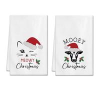 Artscope Lot de 2 Noël Torchons de Cuisine 45 x 66cm Torchon de Vaisselle Décoration Drôle et Mignon Hivernale Cuisine Chats et Vaches Deco Serviettes