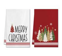 Artscope Lot de 2 Noël Torchons de Cuisine 45 x 66cm Torchon de Vaisselle Décoration Hivernale Cuisine Arbre de Noël et Flocons de Neige Deco Serviettes (Rouge)