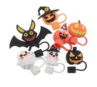 ARTSEWPLY 7 Pièces Lot de Couvercles de Paille Halloween Silicone Protection Anti-poussière pour Pailles Décorations Chauve-souris Fantôme Citrouille Crâne Adaptés pour Gobelets et Fêtes