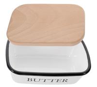 ARTSEWPLY Beurrier en Émail Carré 15X10X75 CM avec Couvercle en Bois Porte-Beurre Étui à Beurre Cuisine Conserver Fromage Frais et Beurre Coffret Fraîcheur Pratique