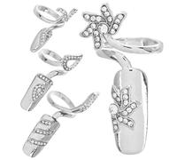 ARTSEWPLY Lot de 4 Bagues à Ongles en Alliage Argenté Strass Scintillants Ajustables et Amovibles Bijoux de Luxe pour Femmes pour Manucure Fêtes et Mariages Art de L'Ongle Élégant