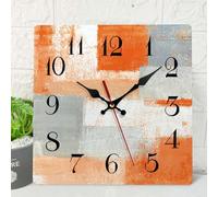 ArtSocket Horloge murale en bois silencieuse sans tic-tac, abstraite, orange, gris, géométrique, minimaliste, carré, à carreaux, décoration pour la maison, la cuisine, le salon, le bureau, fonctionne