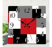 ArtSocket Horloge Murale en Bois, silencieuse, sans tic-tac, Rouge, Noir, Gris, géométrique, Minimaliste, à Carreaux carré, Rustique, décoration pour Maison, Cuisine, Salon, Bureau,