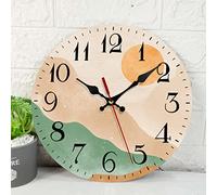 ArtSocket Horloge murale en bois silencieuse sans tic-tac, style bohème du milieu du siècle, soleil montagne, moderne, orange, vert, horloge murale rustique, décoration pour maison, cuisine, salon, bureau, fonctionne à piles (30,5 cm)