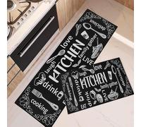 ArtSocket Lot de 2 tapis de cuisine antidérapants et lavables - Noir - Tapis de cuisine moderne avec couteau et fourchette - Tapis de sol de cuisine sous évier