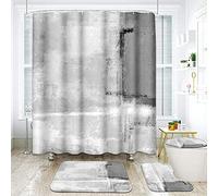 ArtSocket Lot de 4 Accessoires Salle de Bain Rideaux de Douche Gris Abstrait Peinture Noire et Blanche avec Tapis Antidérapant pour Abattant de WC et Tapis de Bain 182,9 x 182,9 cm
