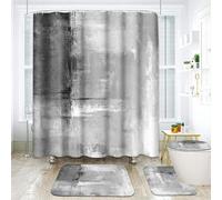 ArtSocket Lot de 4 Accessoires Salle de Bain Rideaux de Douche Gris Abstrait Peinture Noire et Blanche avec Tapis Antidérapant pour Abattant de WC et Tapis de Bain 182,9 x 182,9 cm