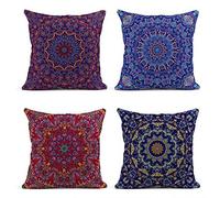 ArtSocket Lot de 4 housses de coussin carrées décoratives en lin avec motif mandala marocain bohémien oriental vintage peinture colorée 45,7 x 45,7 cm