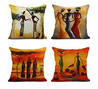 ArtSocket Lot de 4 housses de coussin carrées en lin avec peinture à l'huile Motif femme africaine 45,7 x 45,7 cm