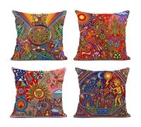 ArtSocket Lot de 4 housses de coussin carrées en lin Huichol mexicain 40,6 x 40,6 cm