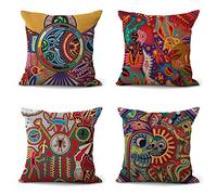 ArtSocket Lot de 4 Housses de Coussin carrées en Lin Huichol Mexicain 45,7 x 45,7 cm