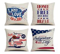 ArtSocket Lot de 4 housses de coussin carrées en lin - Motif drapeau américain - 4 juillet - 45,7 x 45,7 cm