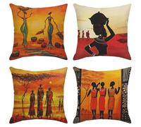 ArtSocket Lot de 4 Housses de Coussin carrées en Lin - Motif Peinture à l'huile - Motif Tribu Ethnique Africaine - pour Le Salon - 45,7 x 45,7 cm