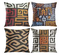 ArtSocket Lot de 4 housses de coussin carrées inspirées du Kuba, orange, tribal inspiré de la terre, géométrique, noir, marron, boue, africaine, décoration d'intérieur, 40,6 x 40,6 cm