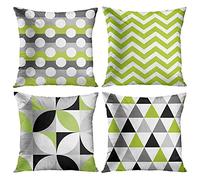 ArtSocket Lot de 4 housses de coussin décoratives carrées avec motif mosaïque vert, noir, vert citron, gris, blanc, triangles rétro géométriques, décoration d'intérieur, 45,7 x 45,7 cm
