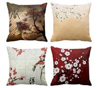 ArtSocket Lot de 4 housses de coussin décoratives carrées motif arbre japonais, nature orientale, fleurs de cerisier, beige, crème, 45,7 x 45,7 cm