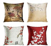ArtSocket Lot de 4 housses de coussin décoratives carrées Motif arbre zen japonais Nature orientale Fleurs de cerisier Beige crème 40,6 x 40,6 cm