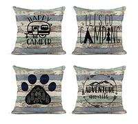 ArtSocket Lot de 4 housses de coussin en lin avec inscription « Happy Camper » et inscription « Happy Camper » en bois rustique - Décoration d'intérieur - 45,7 x 45,7 cm
