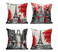 ArtSocket Lot de 4 housses de coussin - Peinture à l'huile - Paysage de la ville européenne - France - Tour Eiffel - Décoration noire - Taies d'oreiller carrées - 45,7 x 45,7 cm
