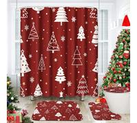 ArtSocket Lot de 4 rideaux de douche avec tapis antidérapant, housse pour abattant de toilettes, tapis de bain et 12 crochets, motif sapin de Noël rouge, 183 x 183 cm