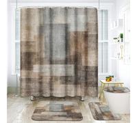 ArtSocket Lot de 4 rideaux de douche beige gris abstrait avec tapis antidérapant pour abattant WC et tapis de bain 183 x 183 cm