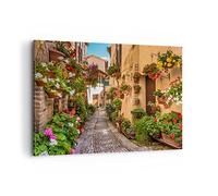 Impression sur Toile 100x70cm Tableaux Image Photo Chemin fleurs maison cour