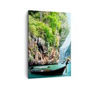 Moderne Impression sur Toile Bateau falaises nature rochers Image Tableau Decoration Murale 50x70cm Deco Cadre Salon Chambre Cuisine Vertical Petit Tableaux Decoratifs Muraux Art Wall PA50x70-2787